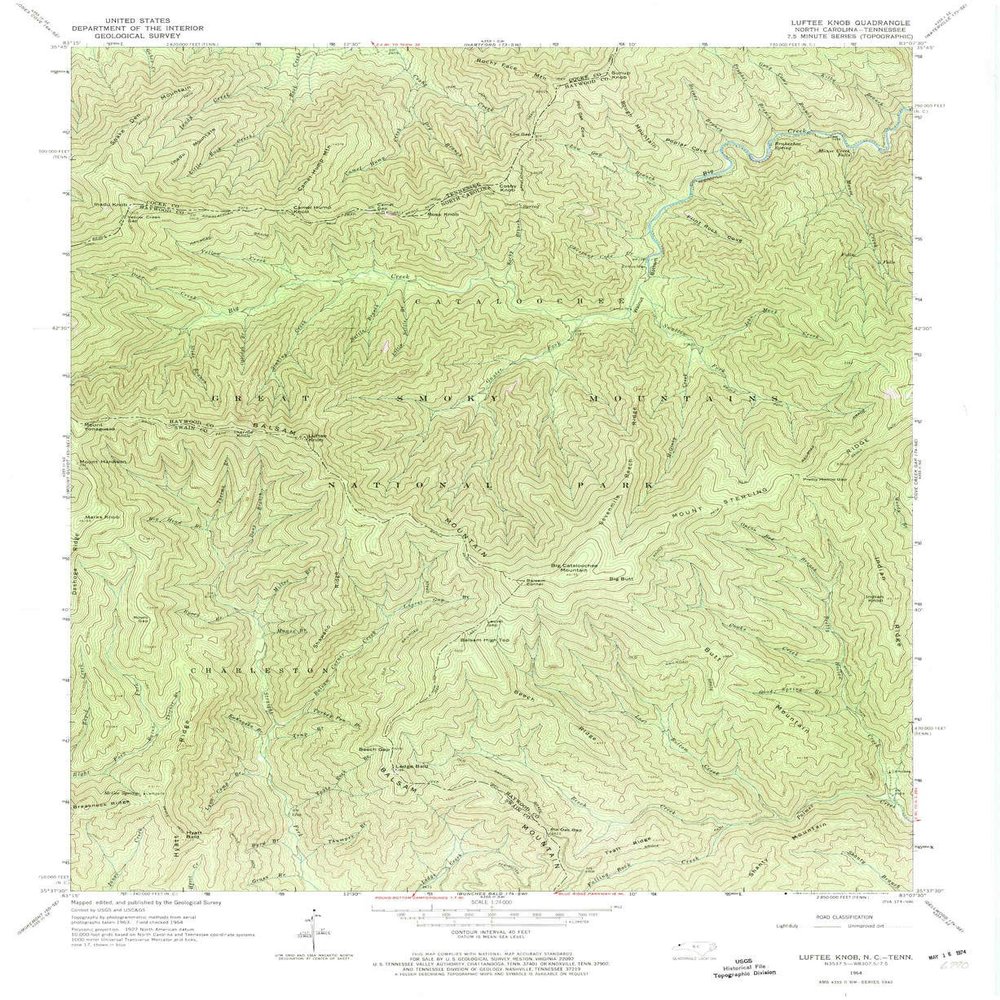 YellowMaps Luftee Knob NC topo map, 1:24000 Scale, 7.5 X 7.5 Minute, Historical, 1964, Updated 1987, 27 x 22.1 in - Tyvek