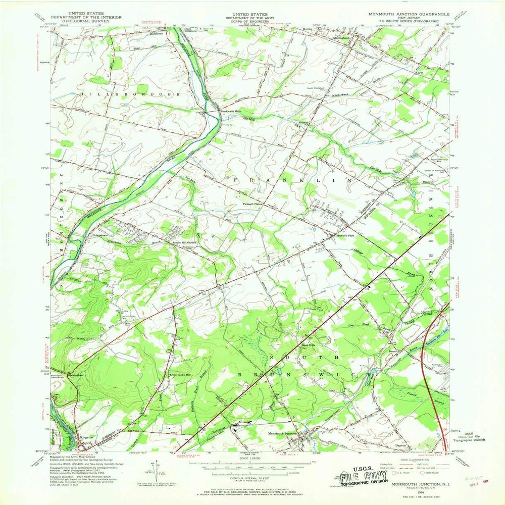 YellowMaps Monmouth Junction NJ topo map, 1:24000 Scale, 7.5 X 7.5 Minute, Historical, 1954, Updated 1968, 27.1 x 22 in - Polypropylene