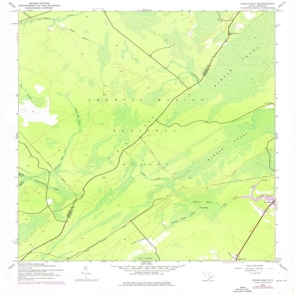 YellowMaps Ocean Bay SC topo map, 1:24000 Scale, 7.5 X 7.5 Minute, Historical, 1943, Updated 1976, 26.9 x 22 in - Tyvek