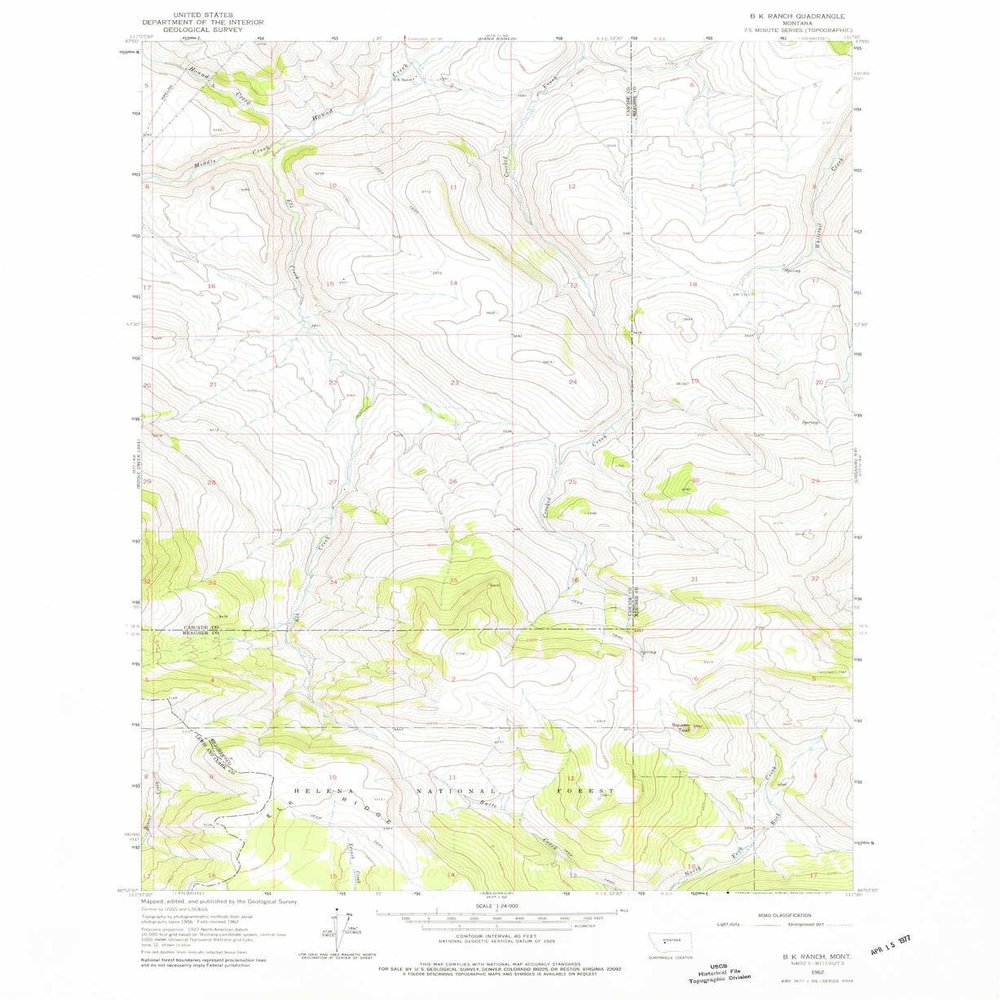 YellowMaps B K Ranch MT topo map, 1:24000 Scale, 7.5 X 7.5 Minute, Historical, 1962, Updated 1977, 26.9 x 22 in - Polypropylene
