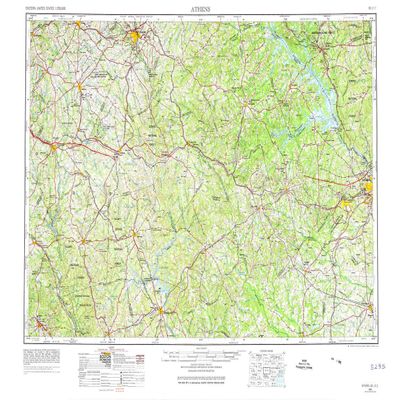YellowMaps Athens GA topo map, 1:250000 Scale, 1 X 2 Degree, Historical, 1953, Updated 1974, 22.1 x 34.1 in - Tyvek