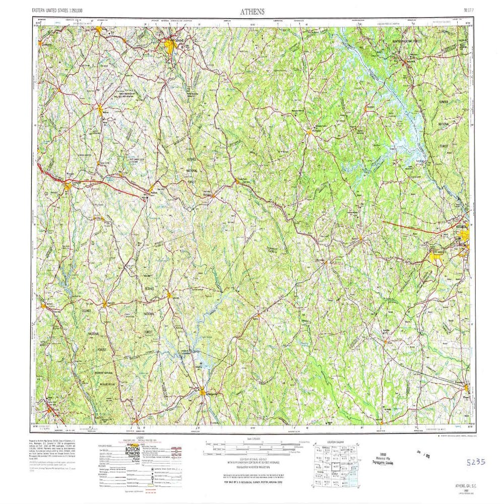 YellowMaps Athens GA topo map, 1:250000 Scale, 1 X 2 Degree, Historical, 1953, Updated 1974, 22.1 x 34.1 in - Tyvek