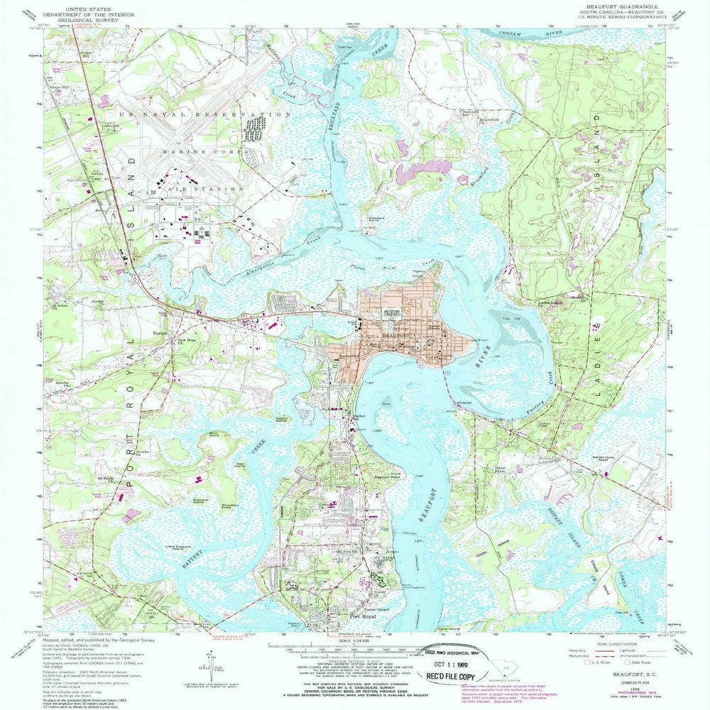 YellowMaps Beaufort SC topo map, 1:24000 Scale, 7.5 X 7.5 Minute, Historical, 1958, Updated 1989, 26.7 x 22 in - Polypropylene
