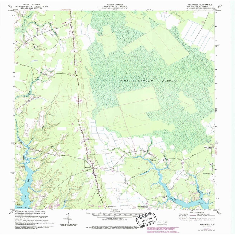 YellowMaps Arapahoe NC topo map, 1:24000 Scale, 7.5 X 7.5 Minute, Historical, 1950, Updated 1993, 26.9 x 21.9 in - Polypropylene