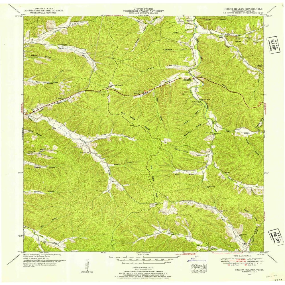 Negro Hollow TN topo map, 1:24000 Scale, 7.5 X 7.5 Minute, Historical, 1951, Updated 1954, 27.4 x 22 in - Tyvek