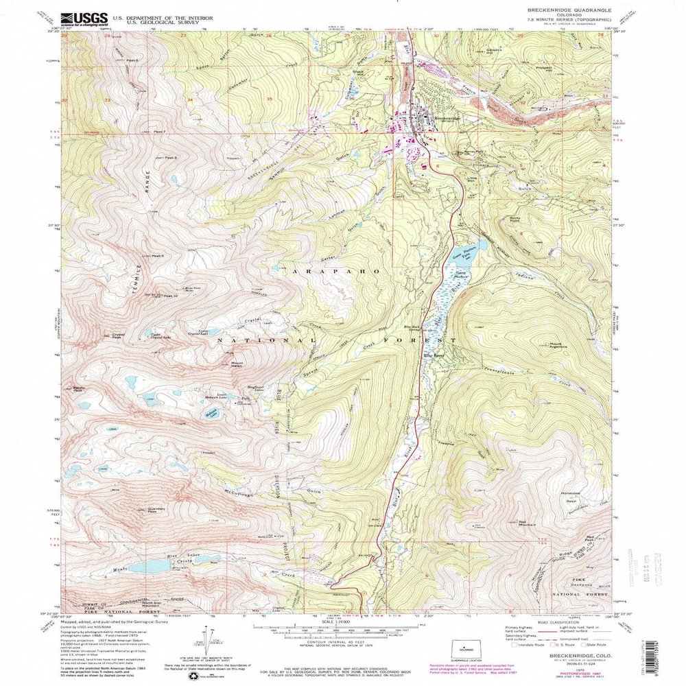 YellowMaps Breckenridge CO topo map, 1:24000 Scale, 7.5 X 7.5 Minute, Historical, 1970, Updated 1988, 26.8 x 22 in - Polypropylene