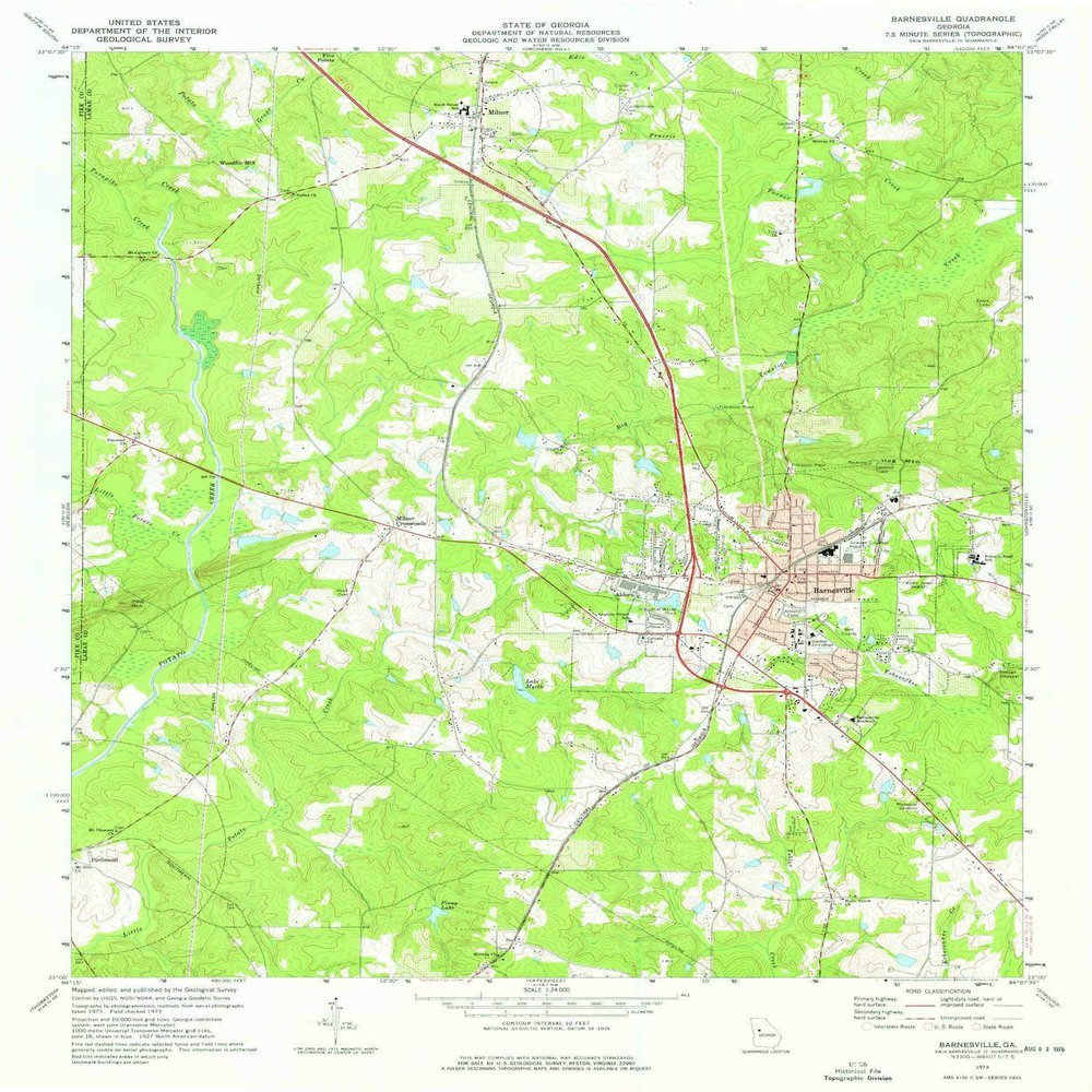 YellowMaps Barnesville GA topo map, 1:24000 Scale, 7.5 X 7.5 Minute, Historical, 1973, Updated 1976, 26.8 x 22 in - Polypropylene