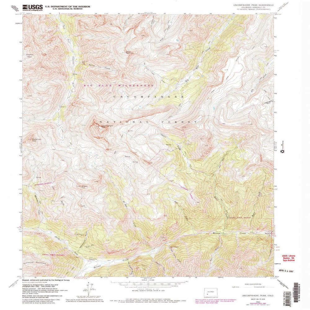 YellowMaps Uncompahgre Peak CO topo map, 1:24000 Scale, 7.5 X 7.5 Minute, Historical, 1963, Updated 1987, 26.9 x 22.2 in - Polypropylene
