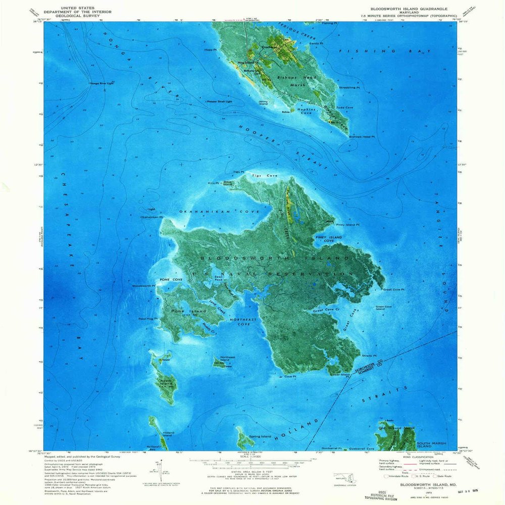 YellowMaps Bloodsworth Island MD topo map, 1:24000 Scale, 7.5 X 7.5 Minute, Historical, 1973, Updated 1975, 26.6 x 21.8 in - Polypropylene
