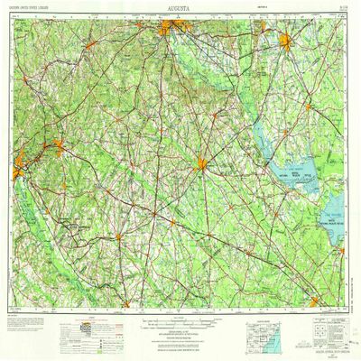 YellowMaps Augusta GA topo map, 1:250000 Scale, 1 X 2 Degree, Historical, 1957, Updated 1973, 21.9 x 32 in - Tyvek