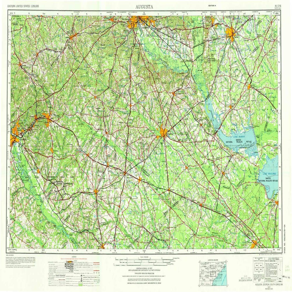 YellowMaps Augusta GA topo map, 1:250000 Scale, 1 X 2 Degree, Historical, 1957, Updated 1973, 21.9 x 32 in - Tyvek