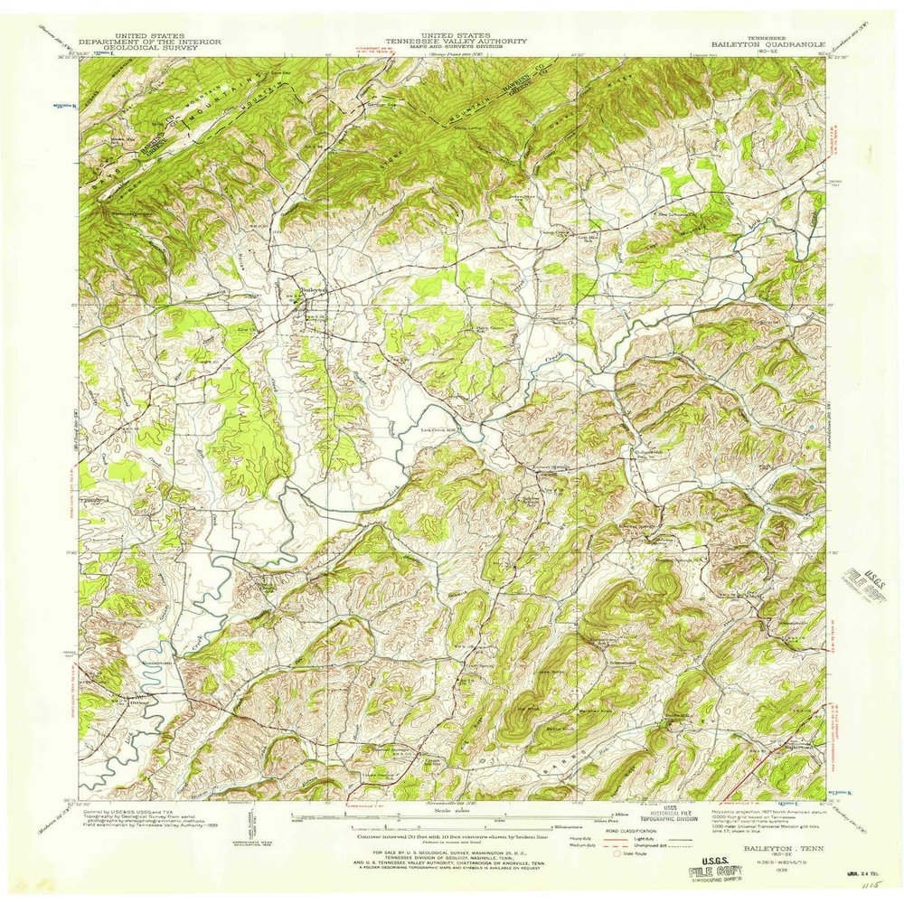 YellowMaps Baileyton TN topo map, 1:24000 Scale, 7.5 X 7.5 Minute, Historical, 1939, Updated 1957, 27.5 x 22.1 in - Polypropylene