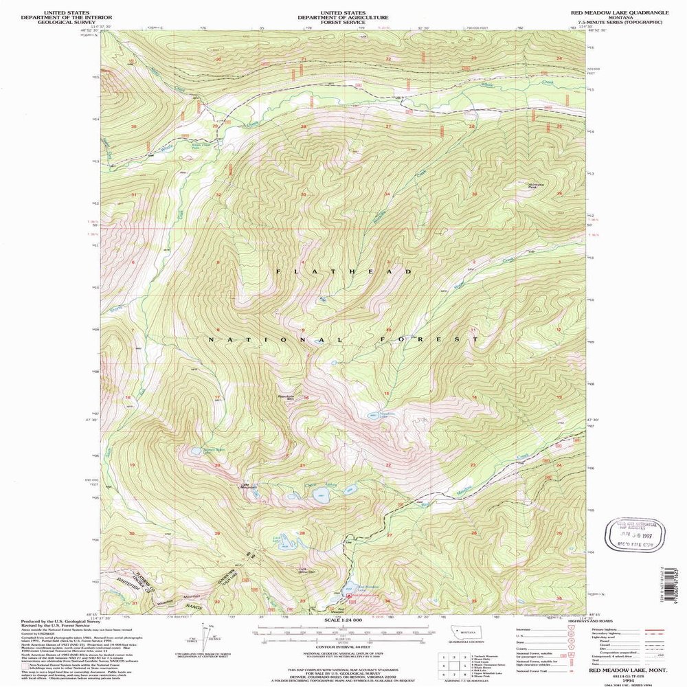 Red Meadow Lake MT topo map, 1:24000 Scale, 7.5 X 7.5 Minute, Historical, 1994, Updated 1997, 27.1 x 21.5 in - Polypropylene