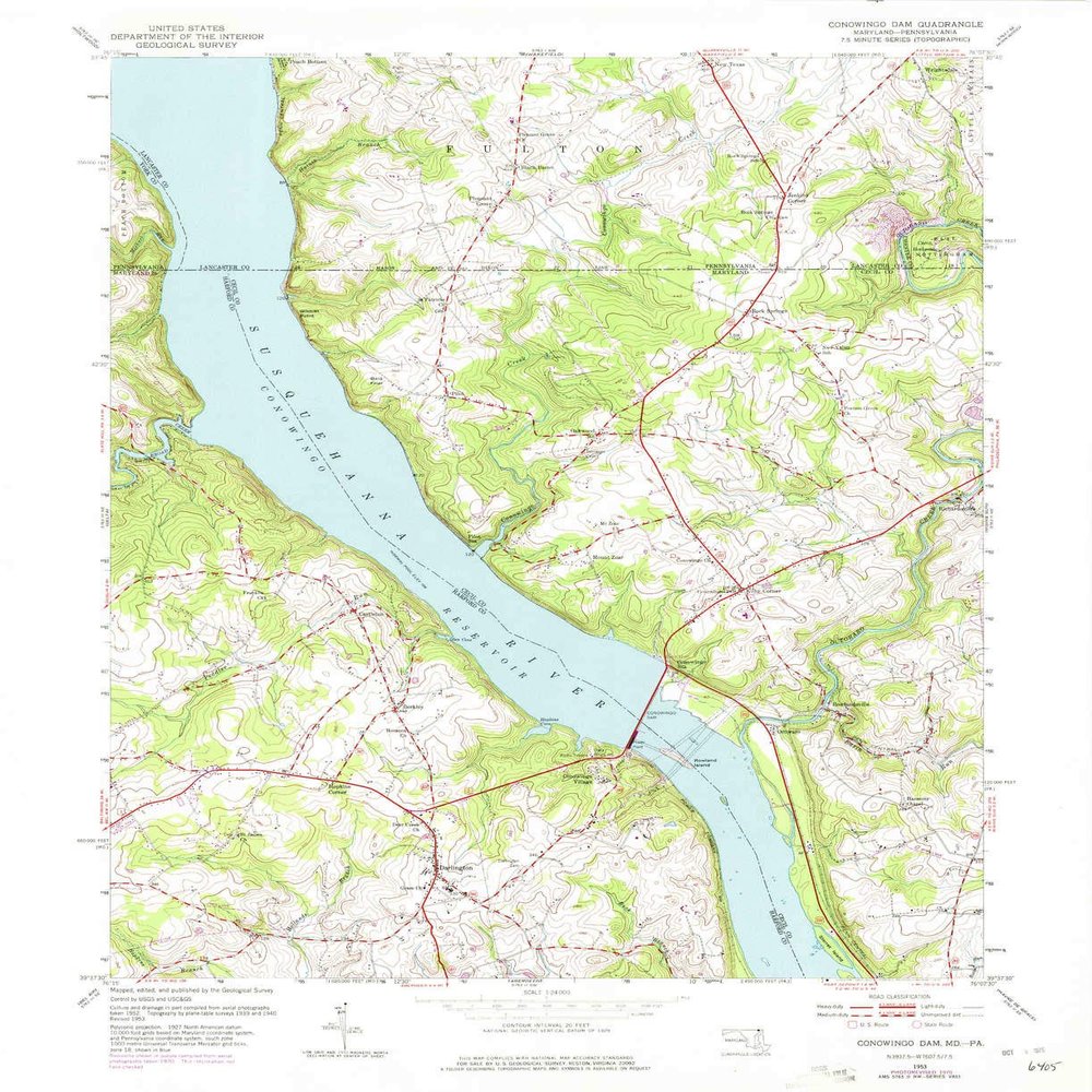 YellowMaps Conowingo Dam MD topo map, 1:24000 Scale, 7.5 X 7.5 Minute, Historical, 1953, Updated 1975, 27 x 22 in - Polypropylene