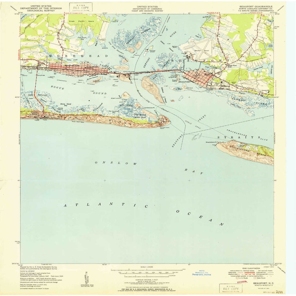 YellowMaps Beaufort NC topo map, 1:24000 Scale, 7.5 X 7.5 Minute, Historical, 1951, 27 x 22 in - Polypropylene