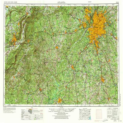 YellowMaps Atlanta GA topo map, 1:250000 Scale, 1 X 2 Degree, Historical, 1953, Updated 1973, 21.9 x 32.1 in - Tyvek