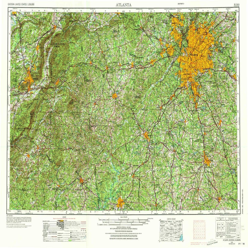 YellowMaps Atlanta GA topo map, 1:250000 Scale, 1 X 2 Degree, Historical, 1953, Updated 1973, 21.9 x 32.1 in - Tyvek