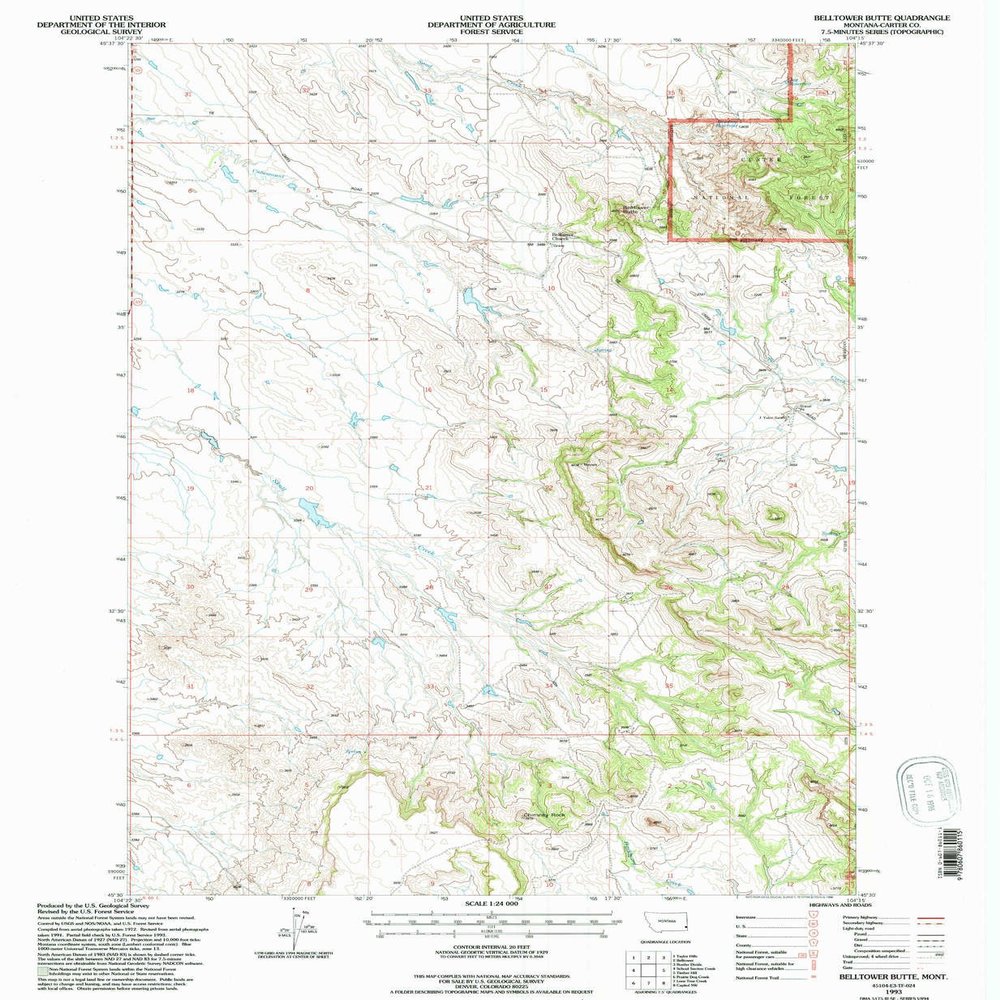 Belltower Butte MT topo map, 1:24000 Scale, 7.5 X 7.5 Minute, Historical, 1993, Updated 1996, 26.8 x 22 in - Polypropylene