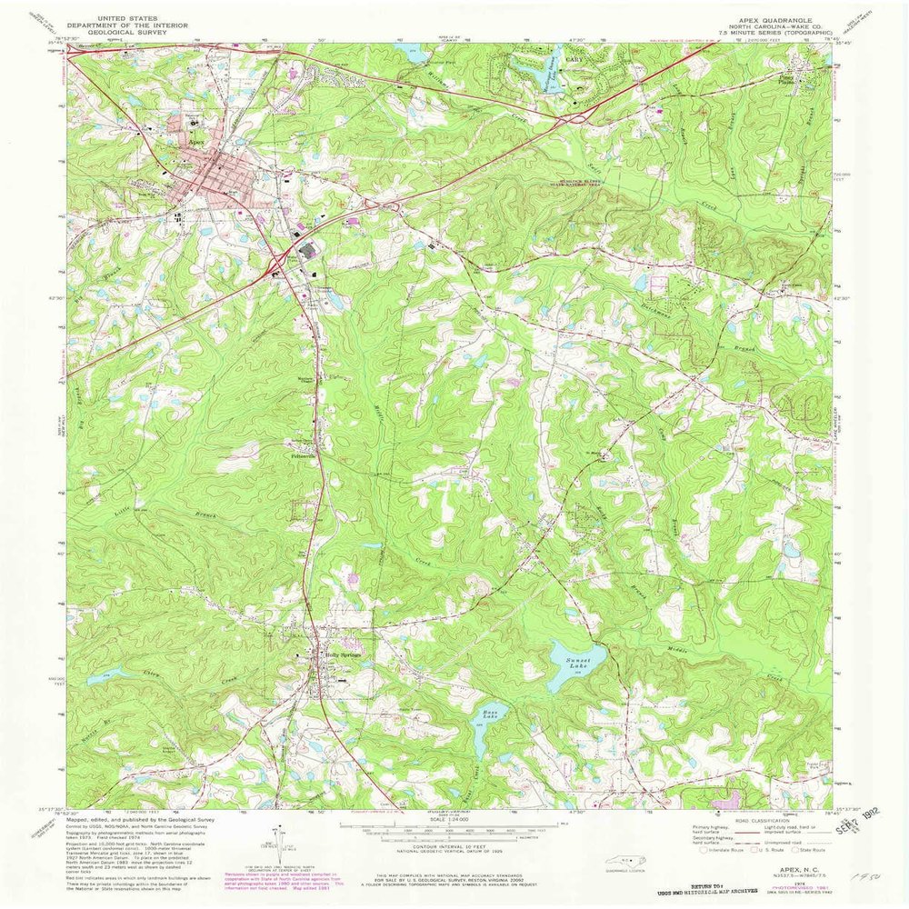 YellowMaps Apex NC topo map, 1:24000 Scale, 7.5 X 7.5 Minute, Historical, 1974, Updated 1982, 26.9 x 22 in - Polypropylene