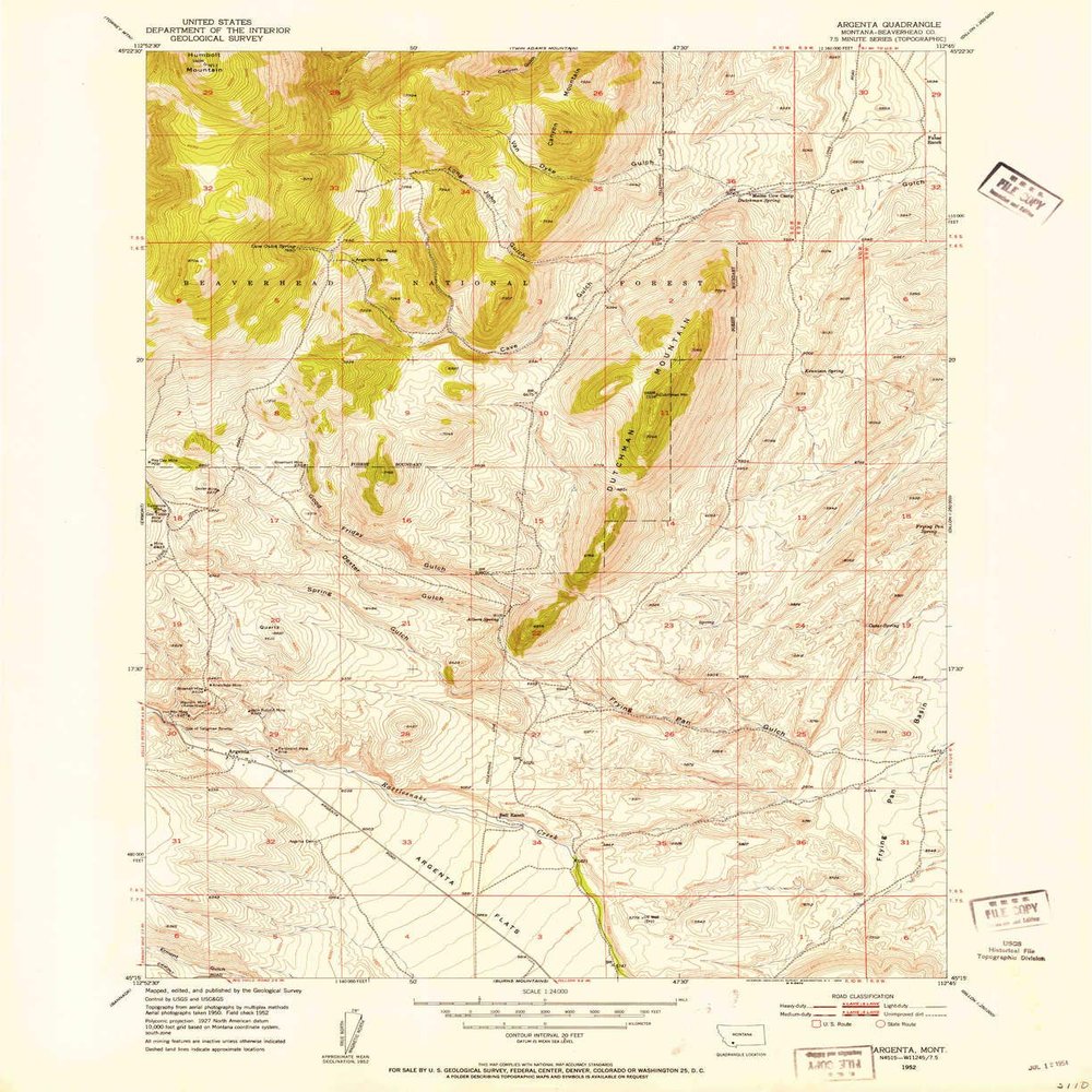 YellowMaps Argenta MT topo map, 1:24000 Scale, 7.5 X 7.5 Minute, Historical, 1952, Updated 1954, 26.9 x 21.9 in - Tyvek