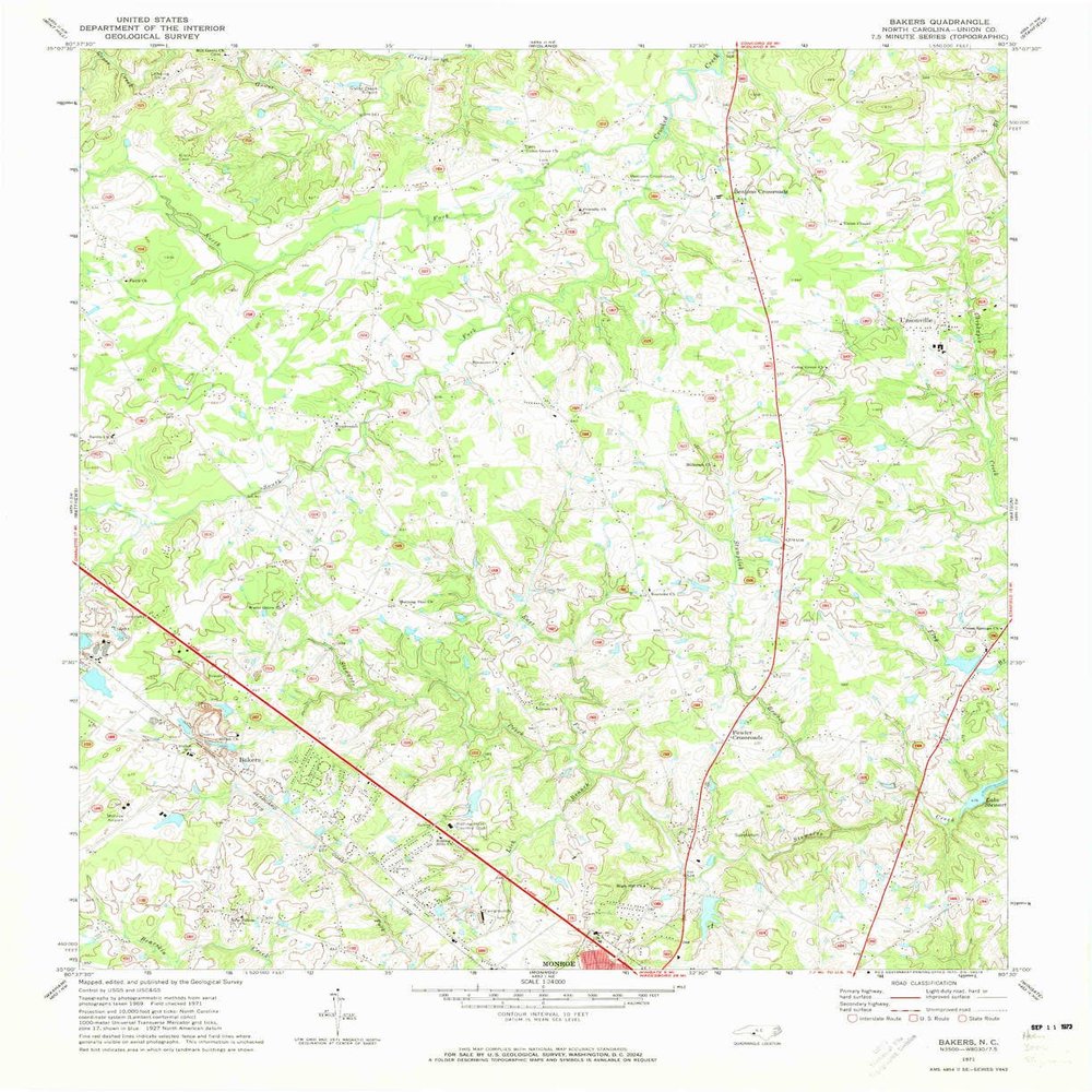 YellowMaps Bakers NC topo map, 1:24000 Scale, 7.5 X 7.5 Minute, Historical, 1971, Updated 1973, 26.9 x 21.9 in - Polypropylene