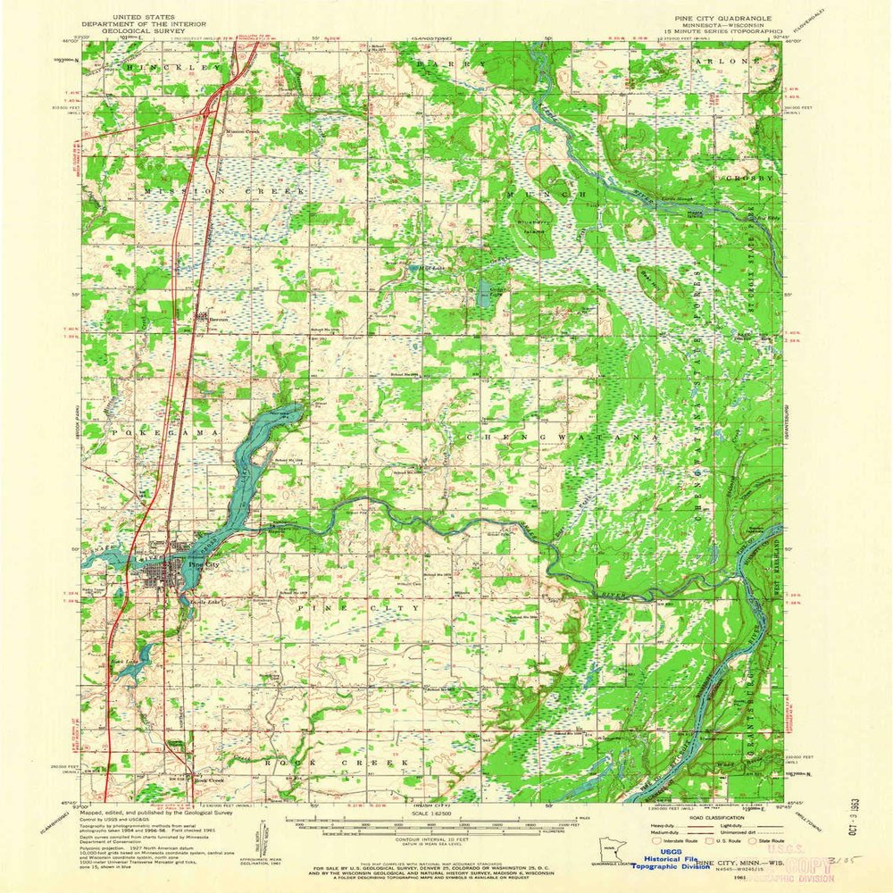 YellowMaps Pine City MN topo map, 1:62500 Scale, 15 X 15 Minute, Historical, 1961, Updated 1963, 20.5 x 15.6 in - Polypropylene
