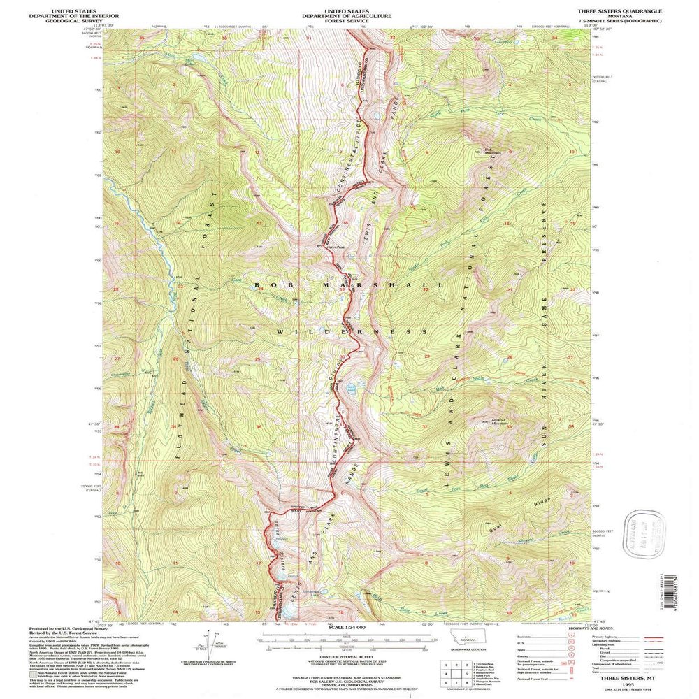 YellowMaps Three Sisters MT topo map, 1:24000 Scale, 7.5 X 7.5 Minute, Historical, 1995, Updated 1997, 27.1 x 22.1 in - Polypropylene