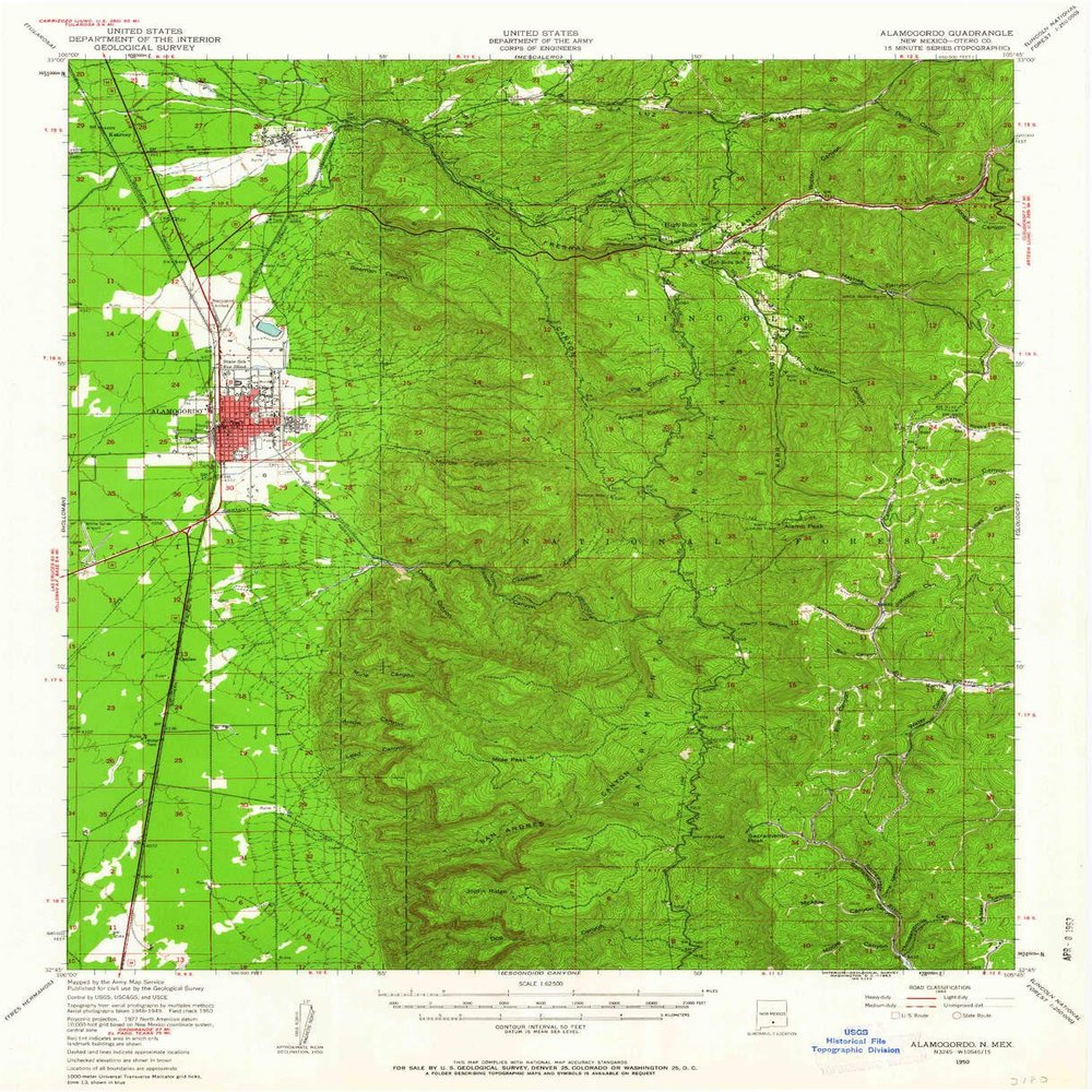 YellowMaps Alamogordo NM topo map, 1:62500 Scale, 15 X 15 Minute, Historical, 1950, Updated 1963, 21 x 17 in - Polypropylene