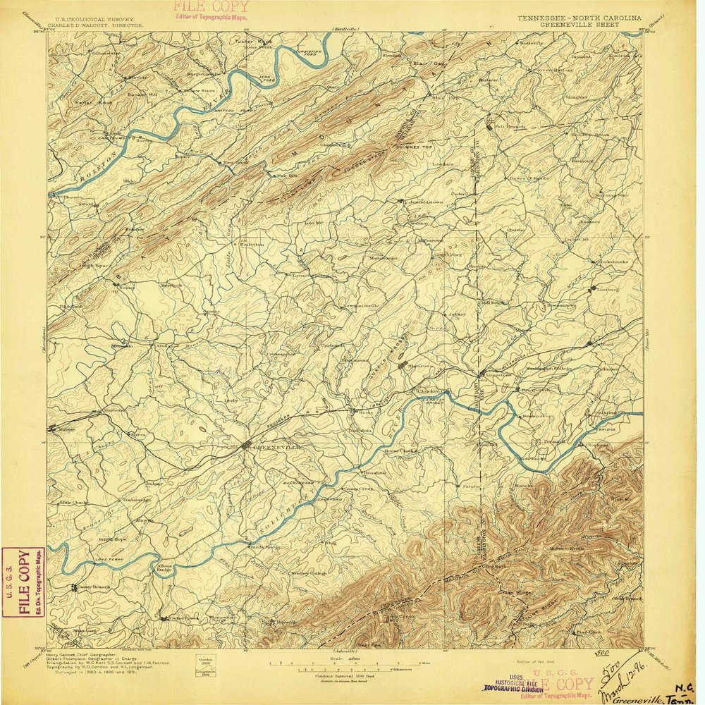 YellowMaps Greeneville TN topo map, 1:125000 Scale, 30 X 30 Minute, Historical, 1896, 19.9 x 16.8 in - Polypropylene