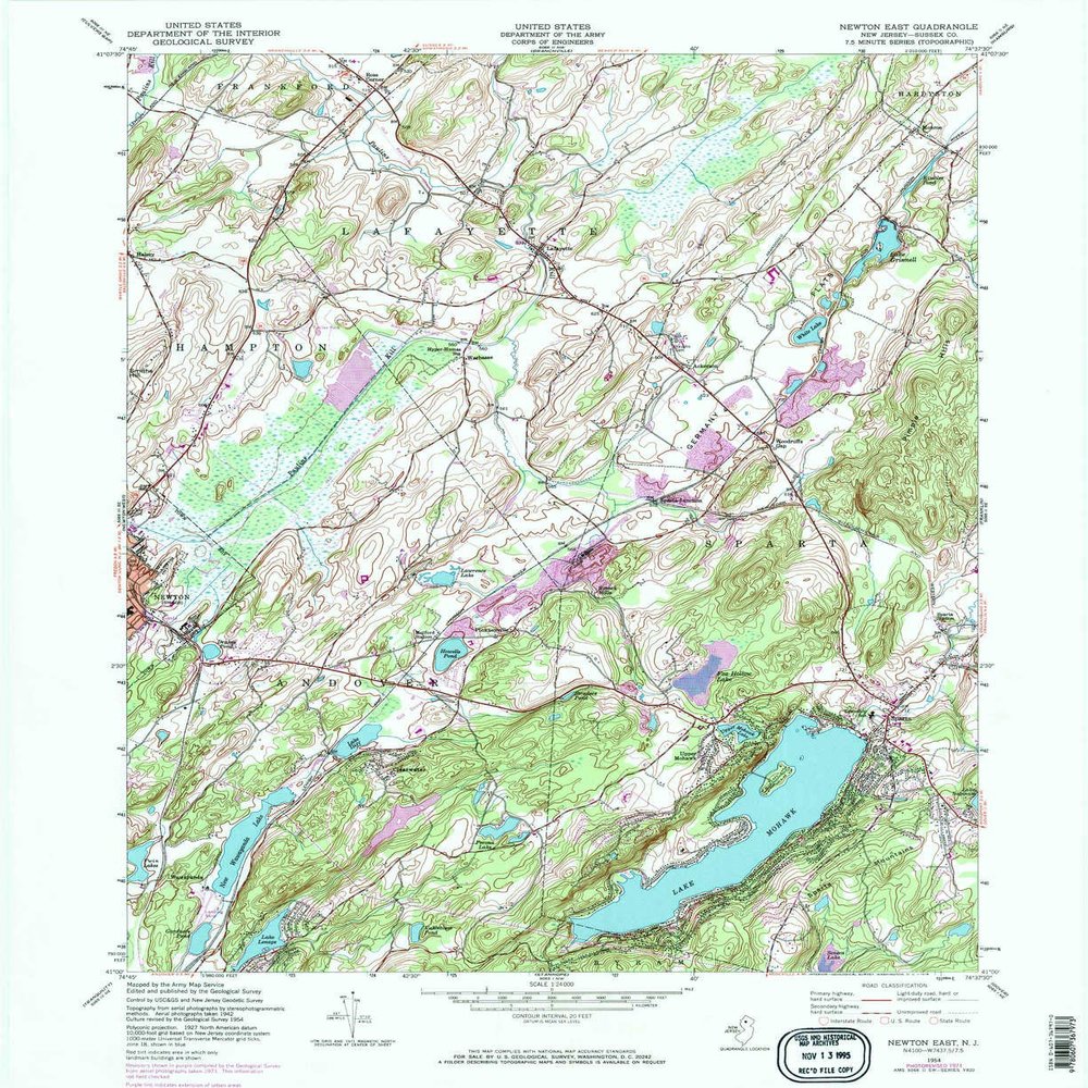 Newton East NJ topo map, 1:24000 Scale, 7.5 X 7.5 Minute, Historical, 1954, Updated 1974, 27 x 22.1 in - Polypropylene
