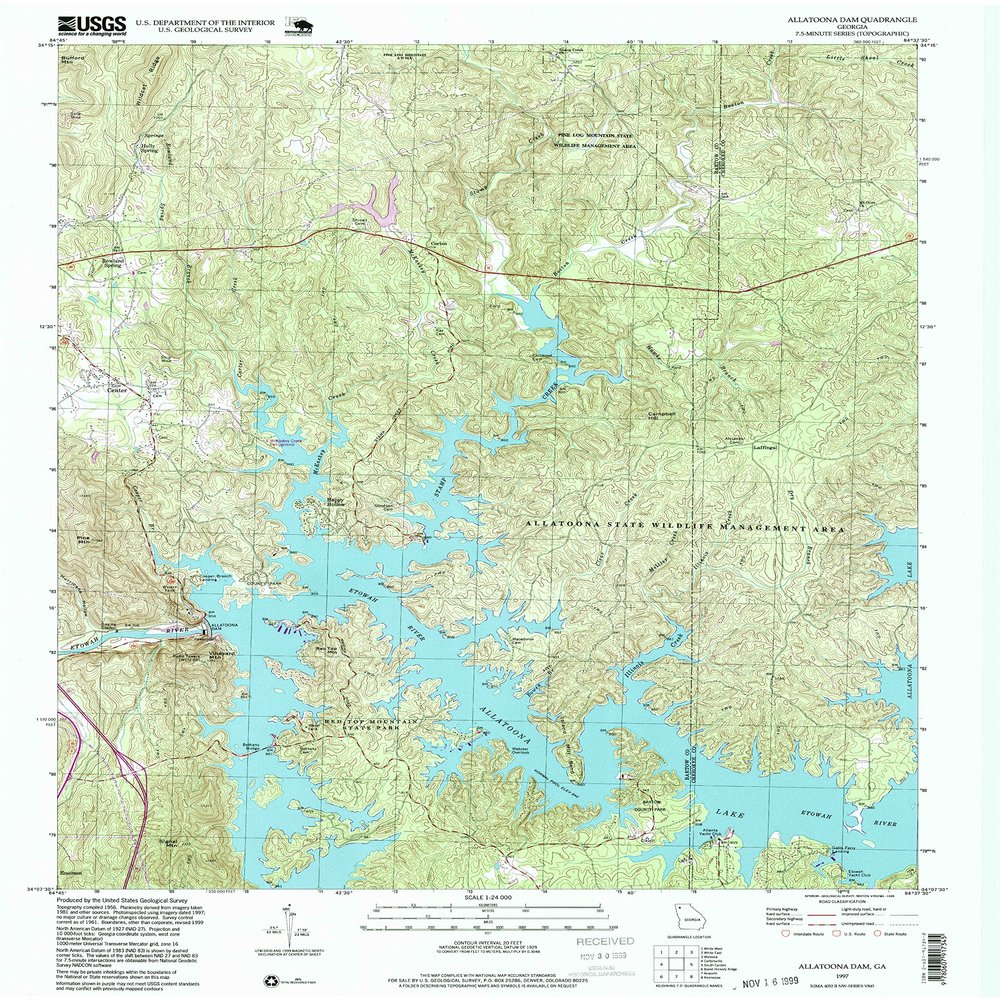 YellowMaps Allatoona Dam GA topo map, 1:24000 Scale, 7.5 X 7.5 Minute, Historical, 1997, Updated 1999, 26.9 x 22 in - Polypropylene