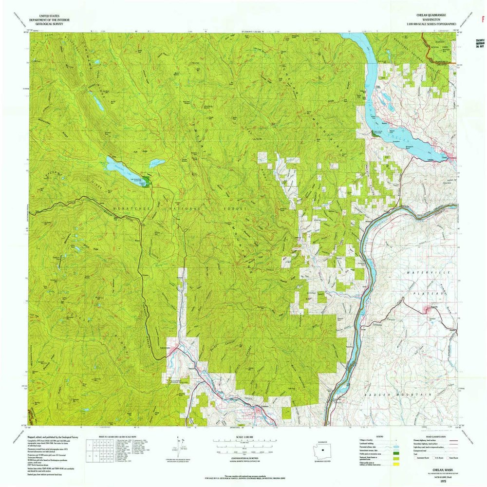 YellowMaps Chelan WA topo map, 1:100000 Scale, 30 X 60 Minute, Historical, 1975, Updated 1977, 27.1 x 33.6 in - Polypropylene