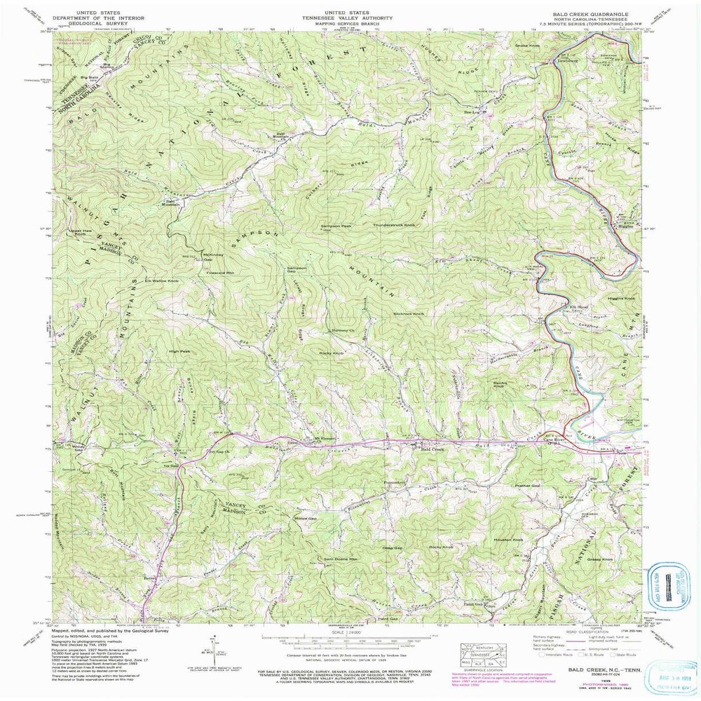 YellowMaps Bald Creek NC topo map, 1:24000 Scale, 7.5 X 7.5 Minute, Historical, 1939, Updated 1991, 27 x 22 in - Polypropylene