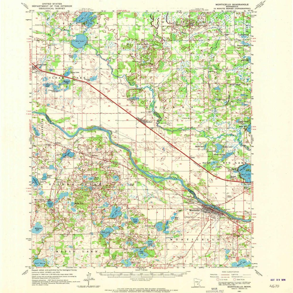 YellowMaps Monticello MN topo map, 1:62500 Scale, 15 X 15 Minute, Historical, 1961, Updated 1972, 20.1 x 16.5 in - Tyvek