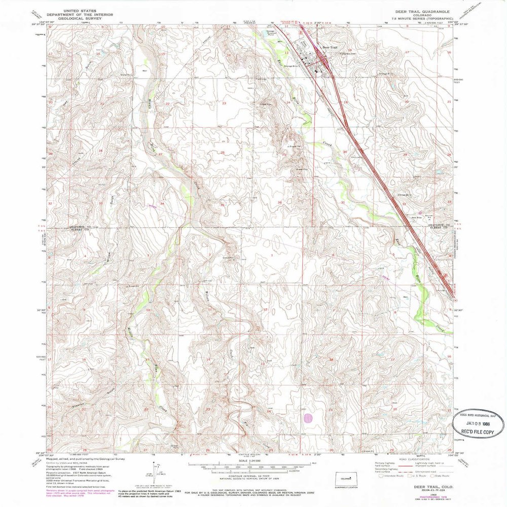 YellowMaps Deer Trail CO topo map, 1:24000 Scale, 7.5 X 7.5 Minute, Historical, 1969, Updated 1985, 26.9 x 22 in - Polypropylene
