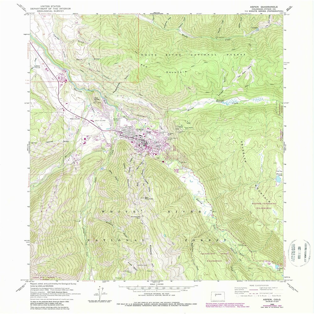 YellowMaps Aspen CO topo map, 1:24000 Scale, 7.5 X 7.5 Minute, Historical, 1960, Updated 1988, 26.9 x 22 in - Polypropylene