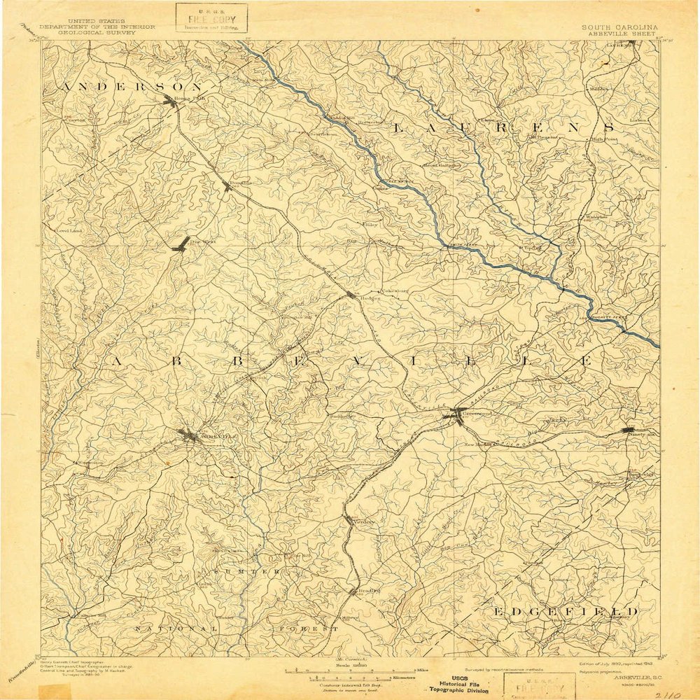 YellowMaps Abbeville SC topo map, 1:125000 Scale, 30 X 30 Minute, Historical, 1892, Updated 1943, 19.8 x 16.4 in - Polypropylene