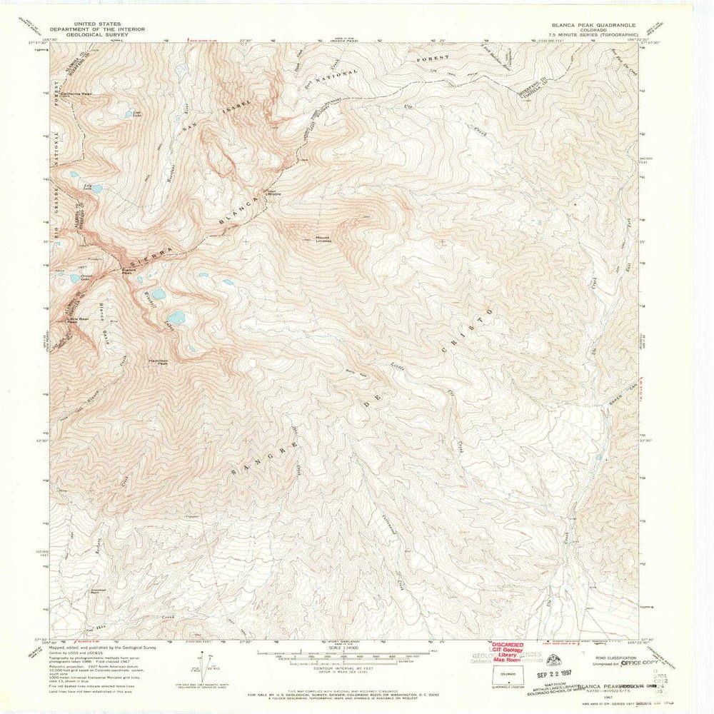 YellowMaps Blanca Peak CO topo map, 1:24000 Scale, 7.5 X 7.5 Minute, Historical, 1967, Updated 1971, 27.2 x 22 in - Polypropylene