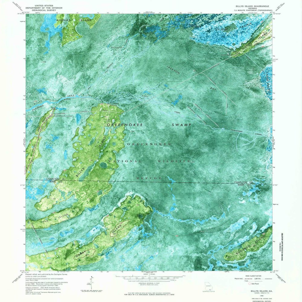 YellowMaps Billys Island GA topo map, 1:24000 Scale, 7.5 X 7.5 Minute, Historical, 1966, Updated 1967, 26.7 x 24 in - Polypropylene