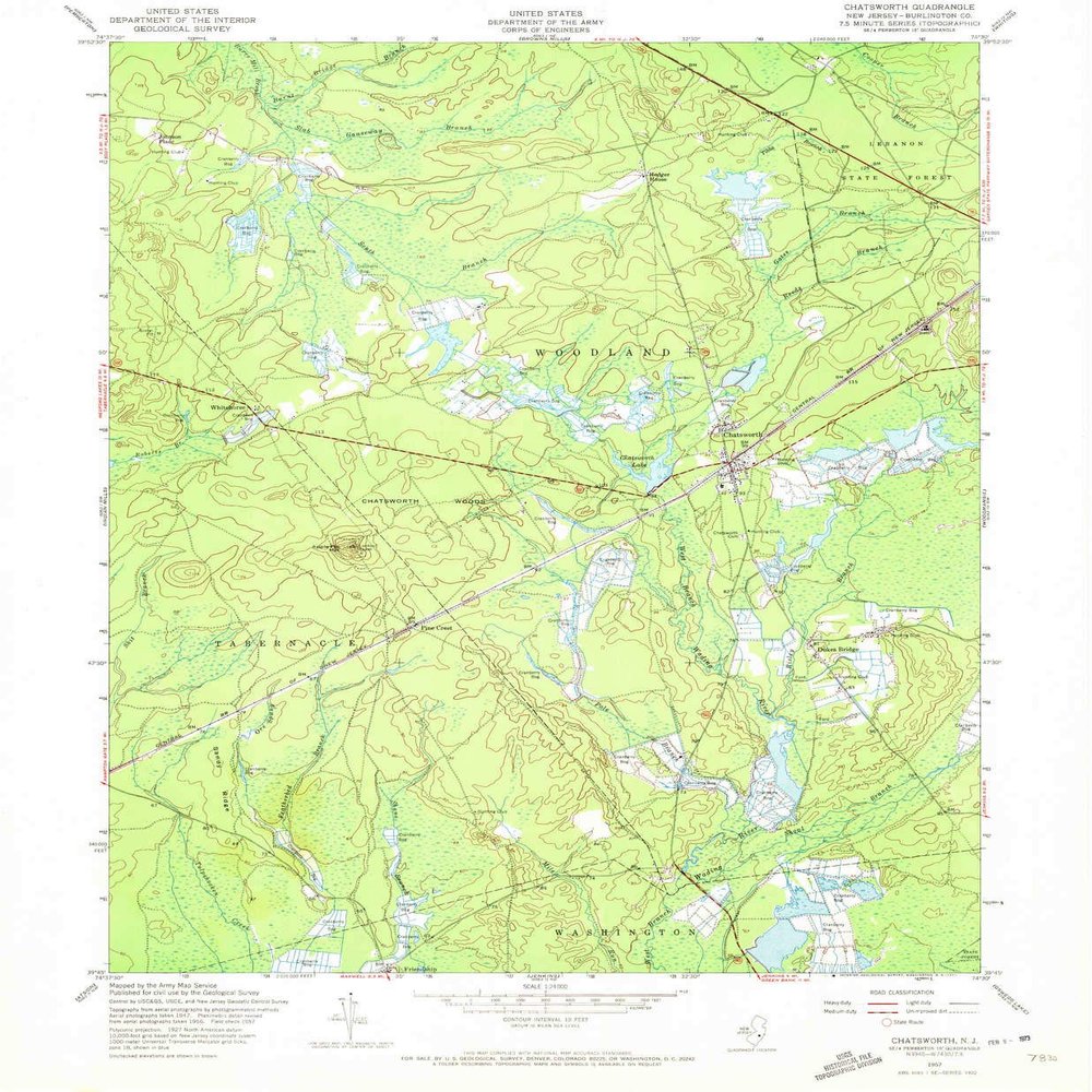 YellowMaps Chatsworth NJ topo map, 1:24000 Scale, 7.5 X 7.5 Minute, Historical, 1957, Updated 1973, 26.7 x 22 in - Polypropylene