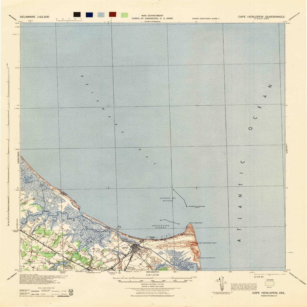 Cape Henlopen DE topo map, 1:62500 Scale, 15 X 15 Minute, Historical, 1944, 21.7 x 15.8 in - Polypropylene