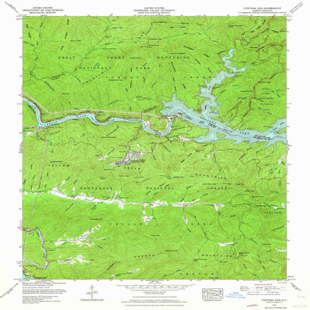 YellowMaps Fontana Dam NC topo map, 1:24000 Scale, 7.5 X 7.5 Minute, Historical, 1961, Updated 1964, 26.8 x 21.9 in - Tyvek
