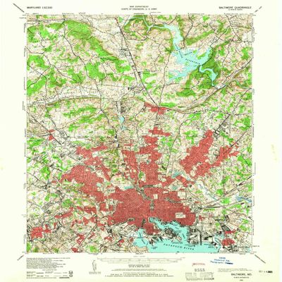 YellowMaps Baltimore MD topo map, 1:62500 Scale, 15 X 15 Minute, Historical, 1943, Updated 1965, 20.8 x 17 in - Polypropylene