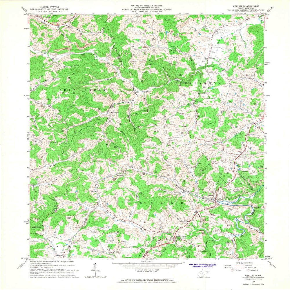 YellowMaps Adrian WV topo map, 1:24000 Scale, 7.5 X 7.5 Minute, Historical, 1966, Updated 1967, 27.1 x 22 in - Tyvek