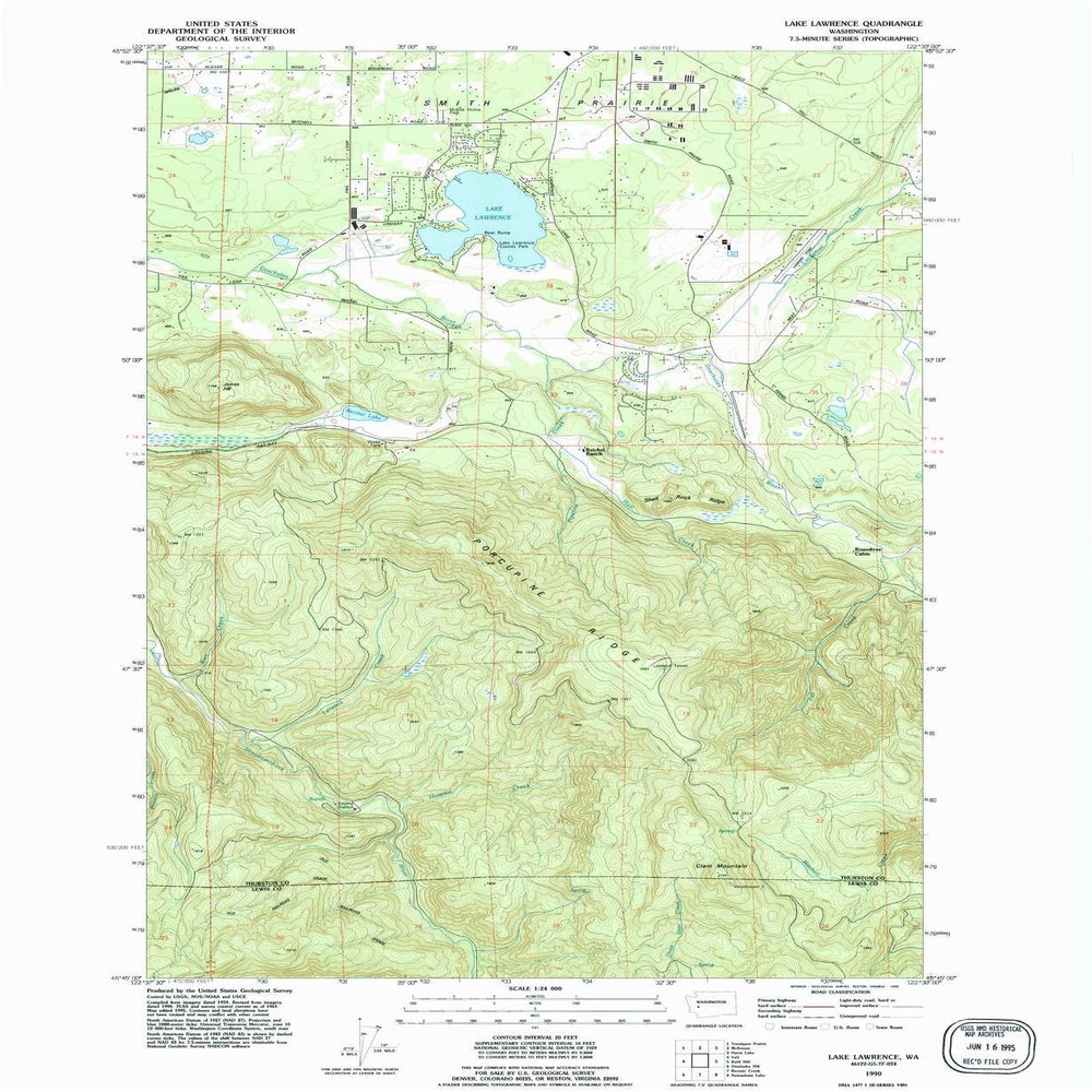 YellowMaps Lake Lawrence WA topo map, 1:24000 Scale, 7.5 X 7.5 Minute, Historical, 1990, Updated 1995, 26.9 x 22 in - Polypropylene