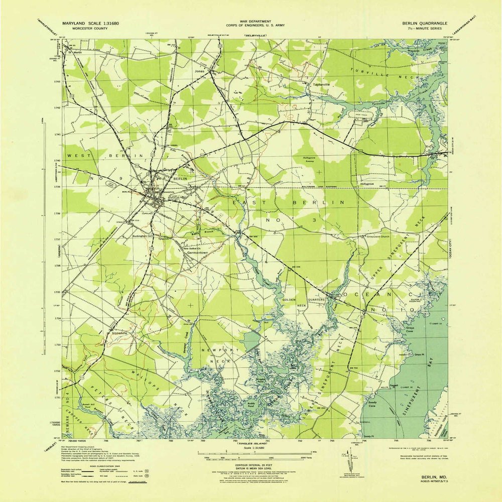 YellowMaps Berlin MD topo map, 1:31680 Scale, 7.5 X 7.5 Minute, Historical, 1943, 21.7 x 17.7 in - Polypropylene