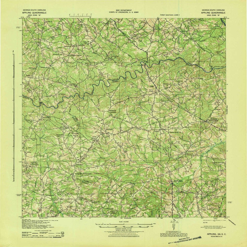YellowMaps Appling GA topo map, 1:62500 Scale, 15 X 15 Minute, Historical, 1943, 21.7 x 17.7 in - Polypropylene