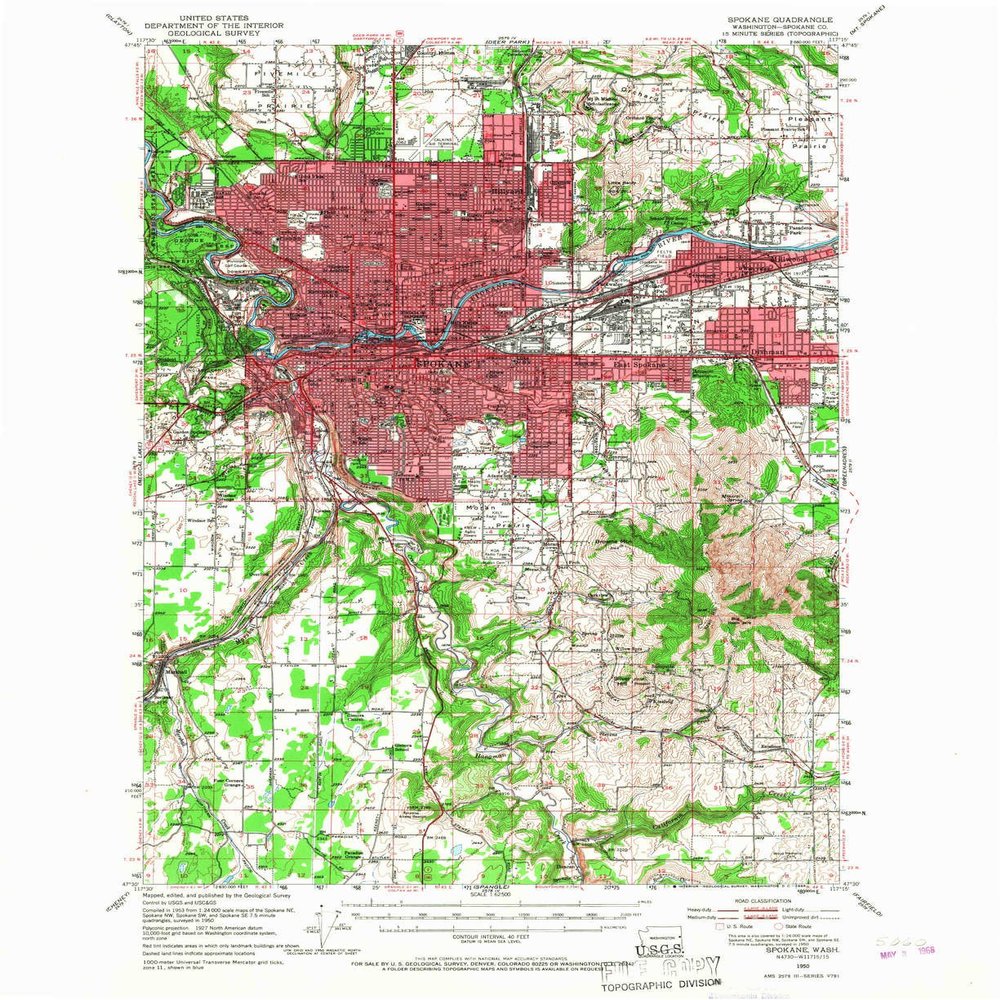 YellowMaps Spokane WA topo map, 1:62500 Scale, 15 X 15 Minute, Historical, 1950, Updated 1968, 20.9 x 17 in - Polypropylene