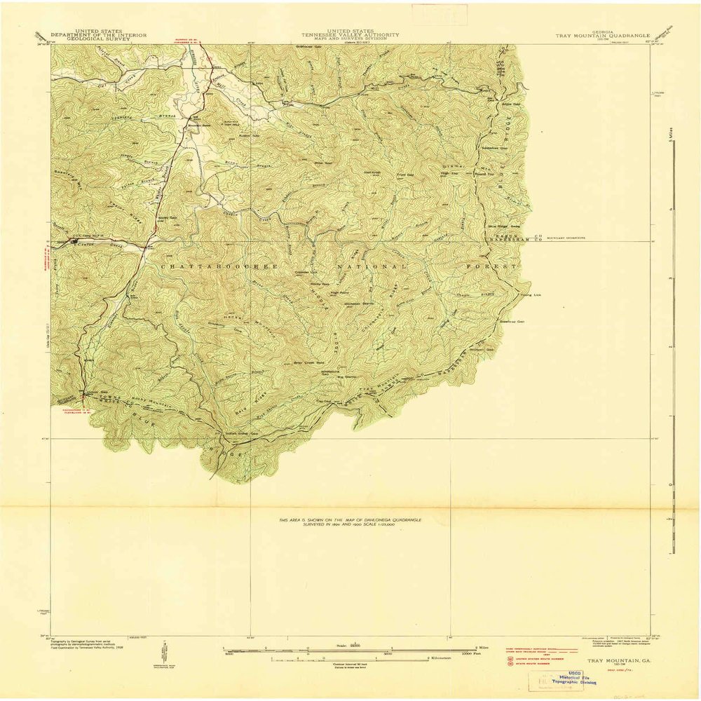 YellowMaps Tray Mountain GA topo map, 1:24000 Scale, 7.5 X 7.5 Minute, Historical, 1938, 27 x 21.9 in - Tyvek