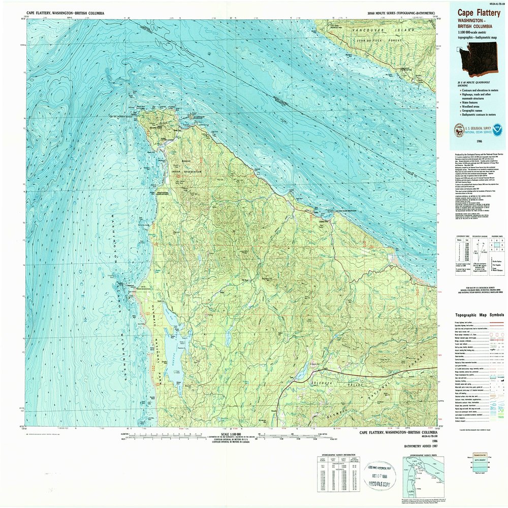 YellowMaps Cape Flattery WA topo map, 1:100000 Scale, 30 X 60 Minute, Historical, 1986, Updated 1987, 27.3 x 36.2 in - Polypropylene